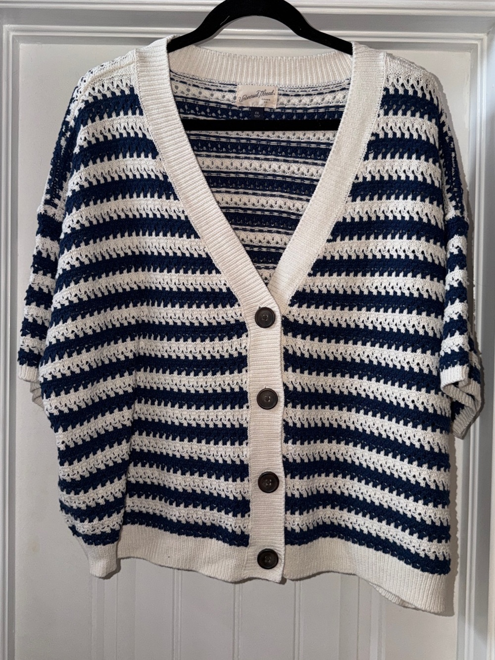 Universal Thread Navy & White Crochet Stripe Button Short Sleeve Cardigan